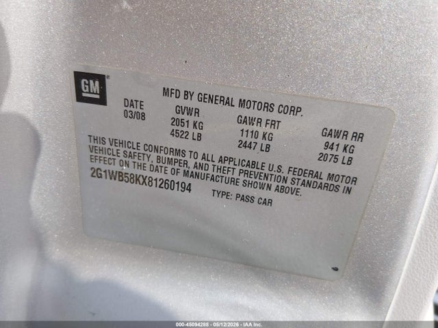 Продажа на аукционе авто 2008 Chevrolet Impala Ls, vin: 2G1WB58KX81260194, номер лота: 45094288