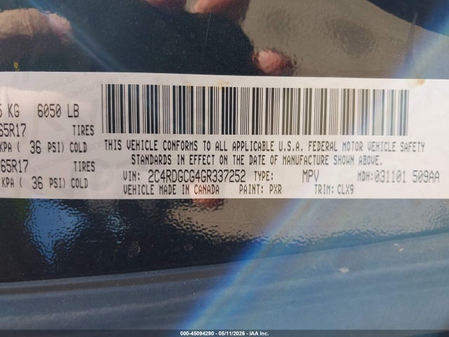 45094290 :رقم المزاد ، 2C4RDGCG4GR337252 vin ، 2016 Dodge Grand Caravan Sxt مزاد بيع