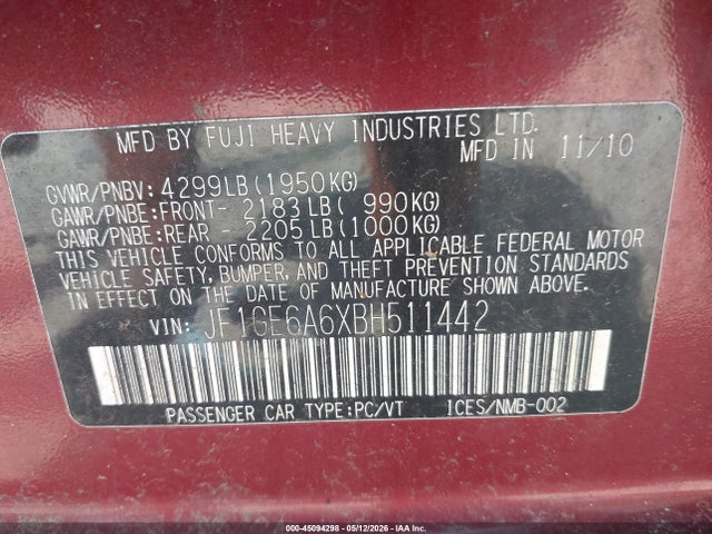 2011 Subaru Impreza 2.5i მანქანა იყიდება აუქციონზე, vin: JF1GE6A6XBH511442, აუქციონის ნომერი: 45094298
