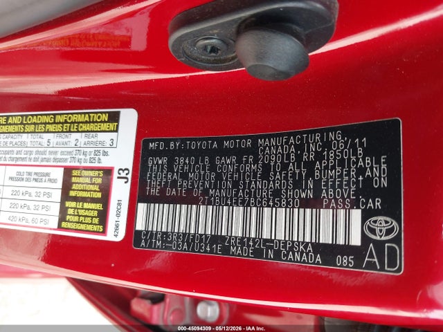 45094309 :رقم المزاد ، 2T1BU4EE7BC645830 vin ، 2011 Toyota Corolla S مزاد بيع