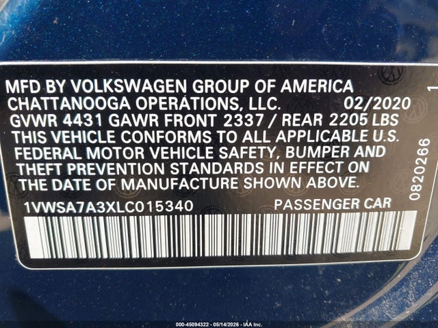 45094322 :رقم المزاد ، 1VWSA7A3XLC015340 vin ، 2020 Volkswagen Passat 2.0t Se مزاد بيع