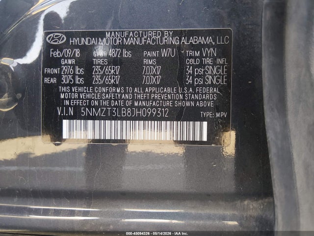 Продаж на аукціоні авто 2018 Hyundai Santa Fe Sport 2.4l, vin: 5NMZT3LB8JH099312, номер лоту: 45094326