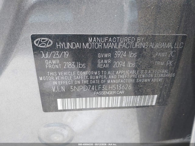 Aukcja sprzedaży 2020 Hyundai Elantra Se, vin: 5NPD74LF3LH513626, numer aukcji: 45094335
