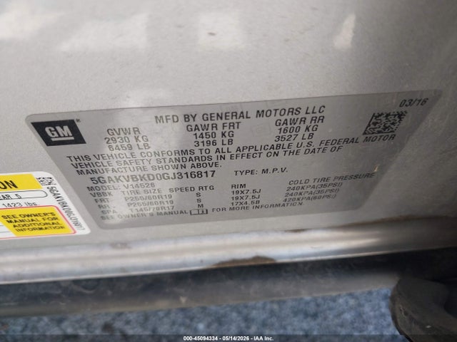 45094334 :رقم المزاد ، 5GAKVBKD0GJ316817 vin ، 2016 Buick Enclave Leather مزاد بيع