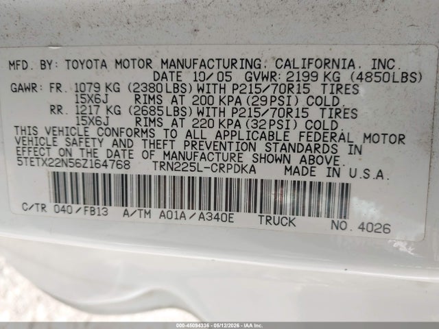 Aukcja sprzedaży 2006 Toyota Tacoma, vin: 5TETX22N56Z164768, numer aukcji: 45094336