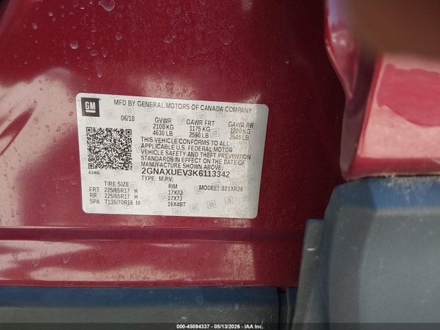 Продаж на аукціоні авто 2019 Chevrolet Equinox Lt, vin: 2GNAXUEV3K6113342, номер лоту: 45094337