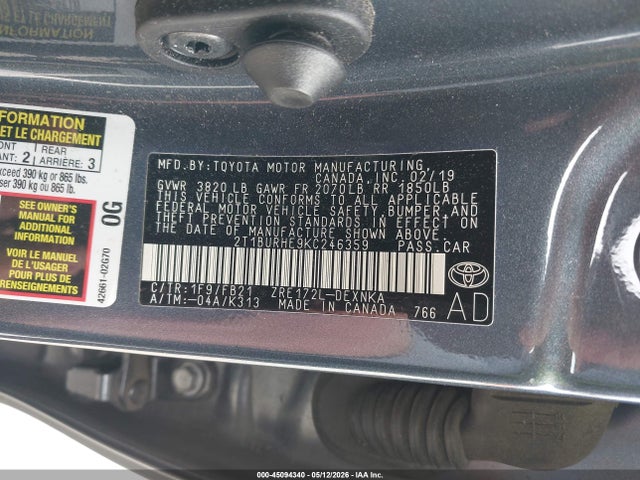 2T1BURHE9KC246359 Toyota COROLLA LE
