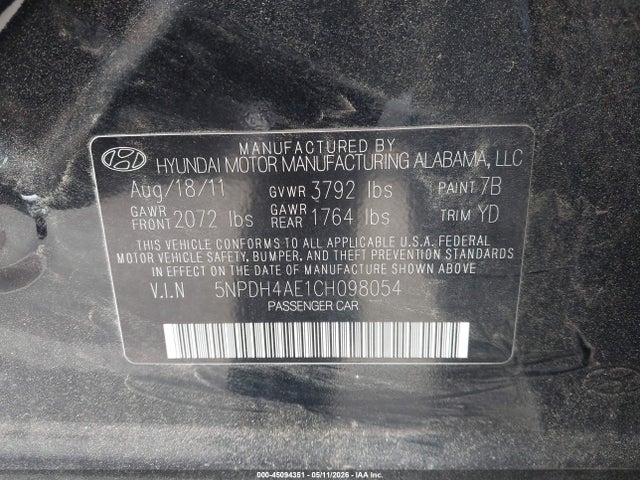 45094351 :رقم المزاد ، 5NPDH4AE1CH098054 vin ، 2012 Hyundai Elantra Gls مزاد بيع