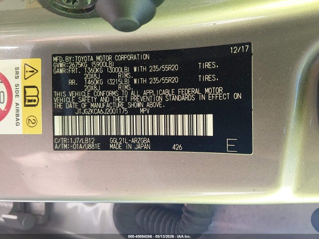 45094356 :رقم المزاد ، JTJGZKCA6J2001175 vin ، 2018 Lexus Rx 350l Premium مزاد بيع