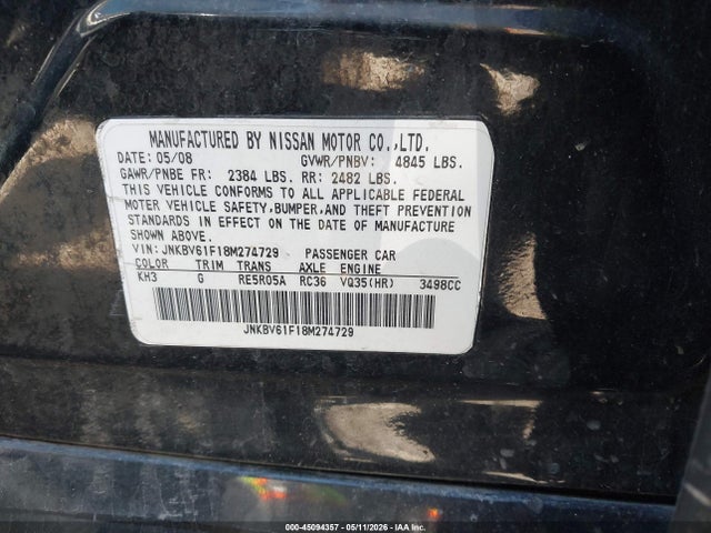 Aukcja sprzedaży 2008 Infiniti G35x, vin: JNKBV61F18M274729, numer aukcji: 45094357