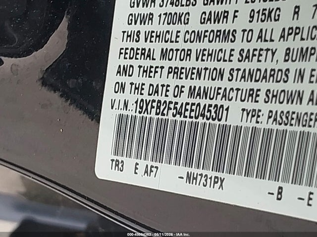 Продаж на аукціоні авто 2014 Honda Civic Lx, vin: 19XFB2F54EE045301, номер лоту: 45094362