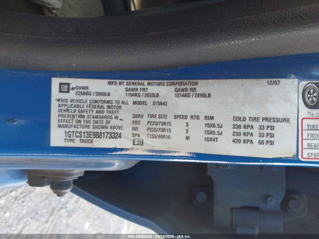 45094365 :رقم المزاد ، 1GTCS13E988173324 vin ، 2008 Gmc Canyon Sle2 مزاد بيع