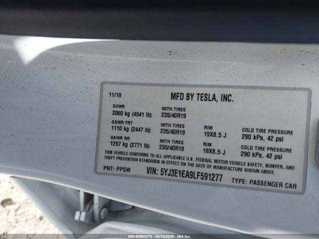 Aukcja sprzedaży 2020 Tesla Model 3 Standard Range Plus Rear-wheel Drive/standard Range Rear-wheel Drive, vin: 5YJ3E1EA9LF591277, numer aukcji: 45094370