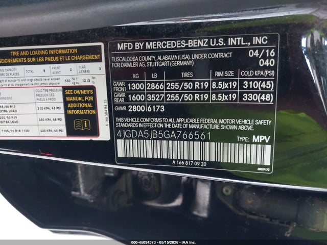 2016 Mercedes-benz Gle 350 მანქანა იყიდება აუქციონზე, vin: 4JGDA5JB5GA766561, აუქციონის ნომერი: 45094373