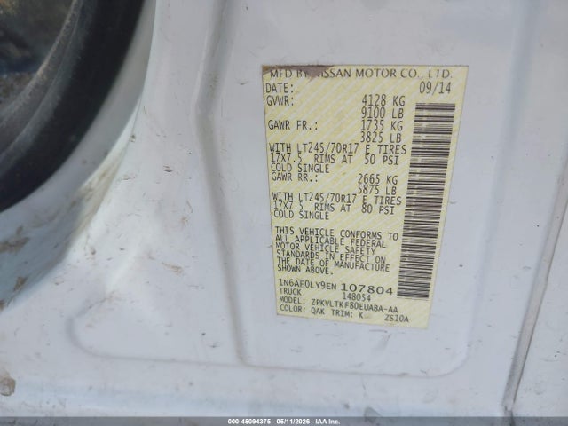 1N6AF0LY9EN107804 Nissan Nv Cargo Nv2500 Hd Sv V8