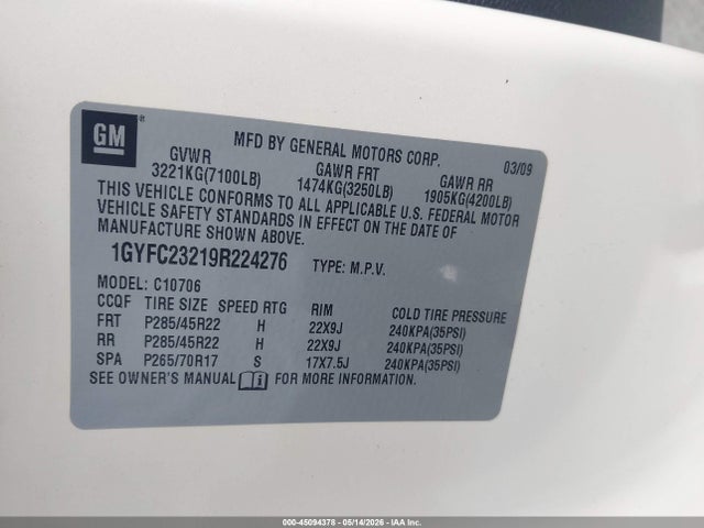 2009 Cadillac Escalade Standard მანქანა იყიდება აუქციონზე, vin: 1GYFC23219R224276, აუქციონის ნომერი: 45094378