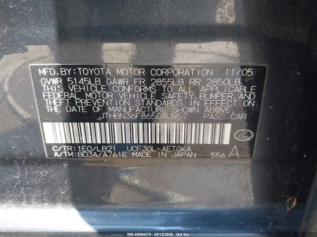 Продажа на аукционе авто 2006 Lexus Ls 430, vin: JTHBN36F865040957, номер лота: 45094379