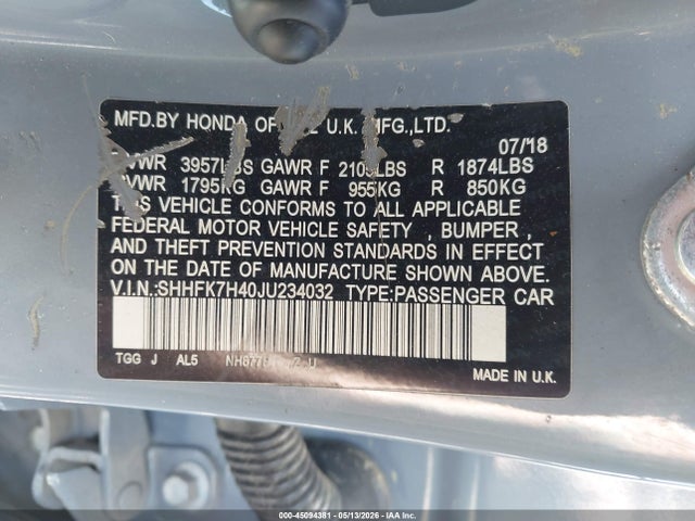 Продажа на аукционе авто 2018 Honda Civic Sport, vin: SHHFK7H40JU234032, номер лота: 45094381