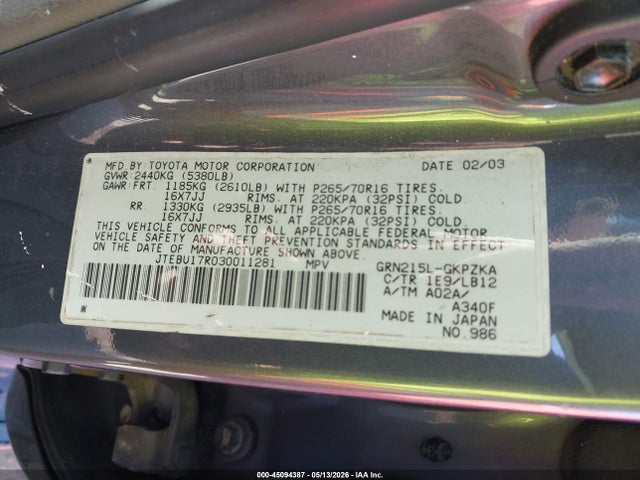 45094387 :رقم المزاد ، JTEBU17R030011281 vin ، 2003 Toyota 4runner Limited V6 مزاد بيع