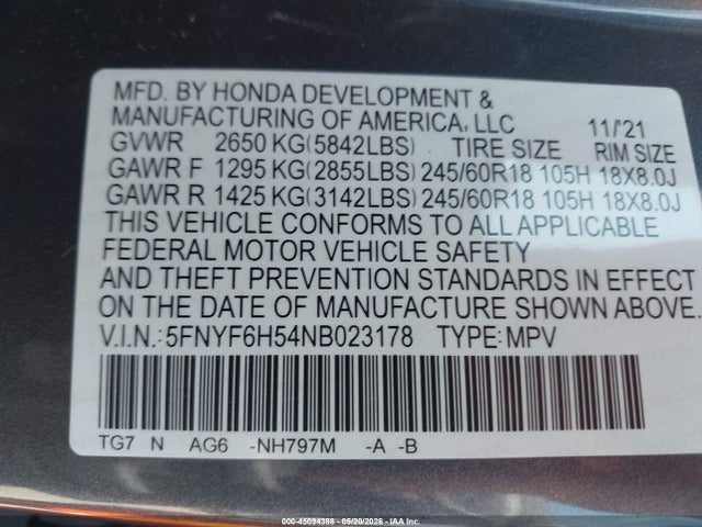 Aukcja sprzedaży 2022 Honda Pilot Awd Ex-l, vin: 5FNYF6H54NB023178, numer aukcji: 45094388