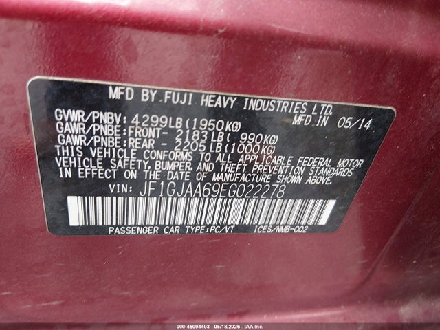 Продажа на аукционе авто 2014 Subaru Impreza 2.0i, vin: JF1GJAA69EG022278, номер лота: 45094403