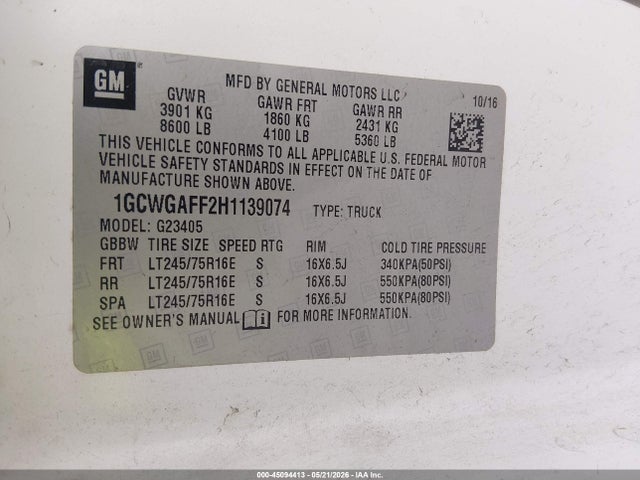 Chevrolet Express 2500 Work Van 2017 1GCWGAFF2H1139074 Image 9