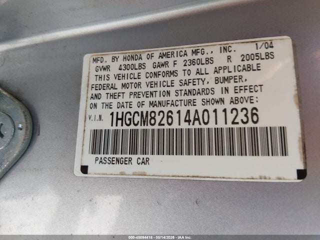 Продажа на аукционе авто 2004 Honda Accord 3.0 Ex, vin: 1HGCM82614A011236, номер лота: 45094418
