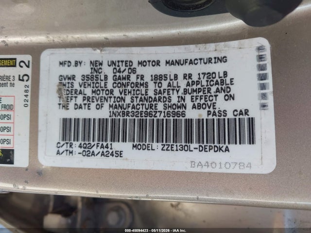 Продаж на аукціоні авто 2006 Toyota Corolla Ce, vin: 1NXBR32E96Z716966, номер лоту: 45094423