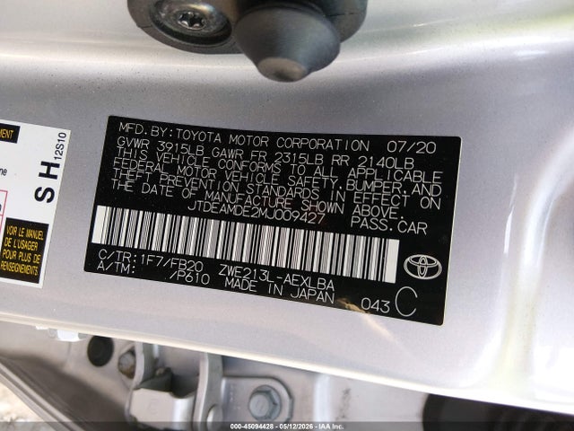 Aukcja sprzedaży 2021 Toyota Corolla Hybrid Le, vin: JTDEAMDE2MJ009427, numer aukcji: 45094428