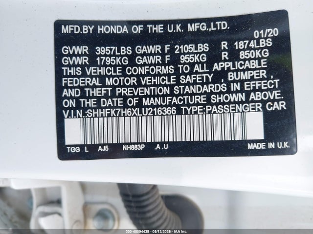 Aukcja sprzedaży 2020 Honda Civic Ex, vin: SHHFK7H6XLU216366, numer aukcji: 45094439