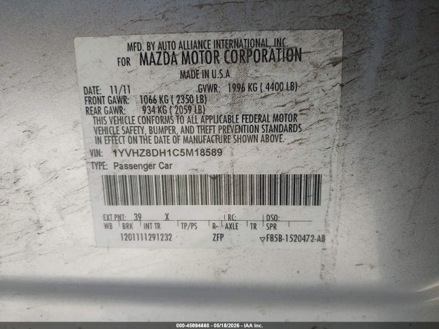 45094448 :رقم المزاد ، 1YVHZ8DH1C5M18589 vin ، 2012 Mazda Mazda6 I Touring مزاد بيع