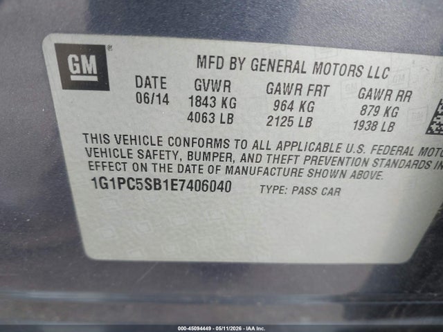 1G1PC5SB1E7406040 Chevrolet Cruze 1lt Auto