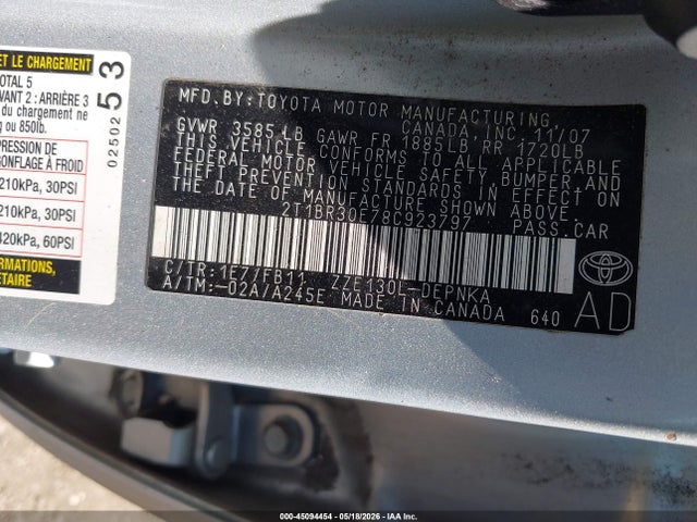 Продажа на аукционе авто 2008 Toyota Corolla Le, vin: 2T1BR30E78C923797, номер лота: 45094454