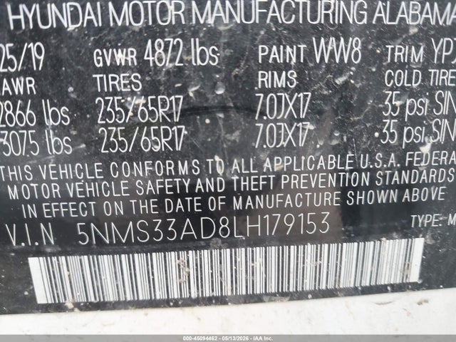2020 Hyundai Santa Fe Sel მანქანა იყიდება აუქციონზე, vin: 5NMS33AD8LH179153, აუქციონის ნომერი: 45094462