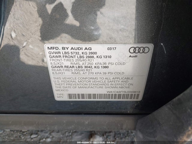 45094478 :رقم المزاد ، WA1C4AFY9J2008618 vin ، 2018 Audi Sq5 3.0t Premium Plus مزاد بيع