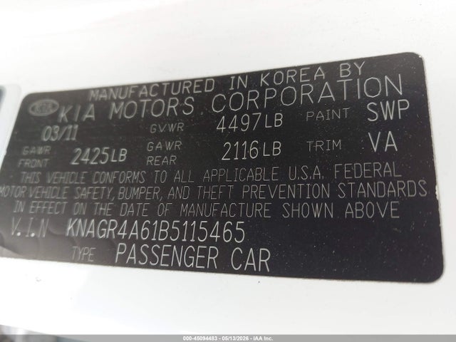 Aukcja sprzedaży 2011 Kia Optima Sx, vin: KNAGR4A61B5115465, numer aukcji: 45094483