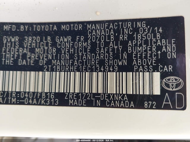 Продажа на аукционе авто 2014 Toyota Corolla Le, vin: 2T1BURHE1EC134949, номер лота: 45094490