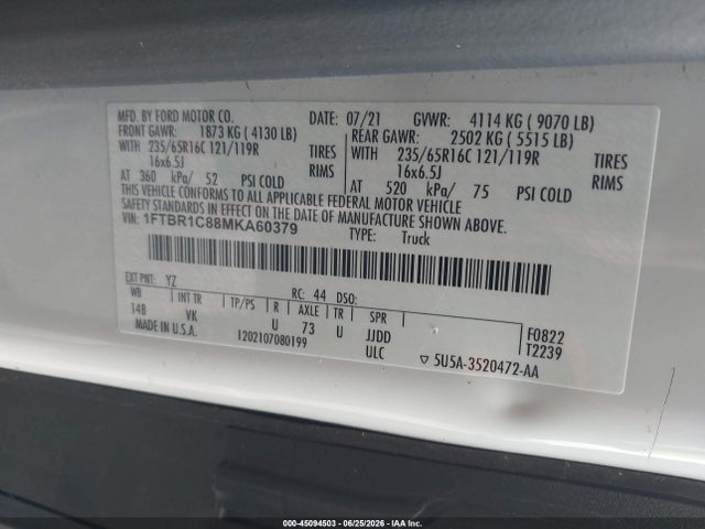 Ford Transit-250 2021 1FTBR1C88MKA60379 Image 9