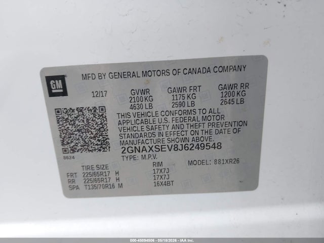 Продажа на аукционе авто 2018 Chevrolet Equinox Lt, vin: 2GNAXSEV8J6249548, номер лота: 45094506