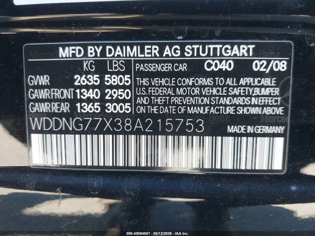 Продаж на аукціоні авто 2008 Mercedes-benz S 63 Amg, vin: WDDNG77X38A215753, номер лоту: 45094507