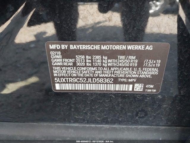 Продаж на аукціоні авто 2018 Bmw X3 Xdrive30i, vin: 5UXTR9C52JLD58362, номер лоту: 45094513