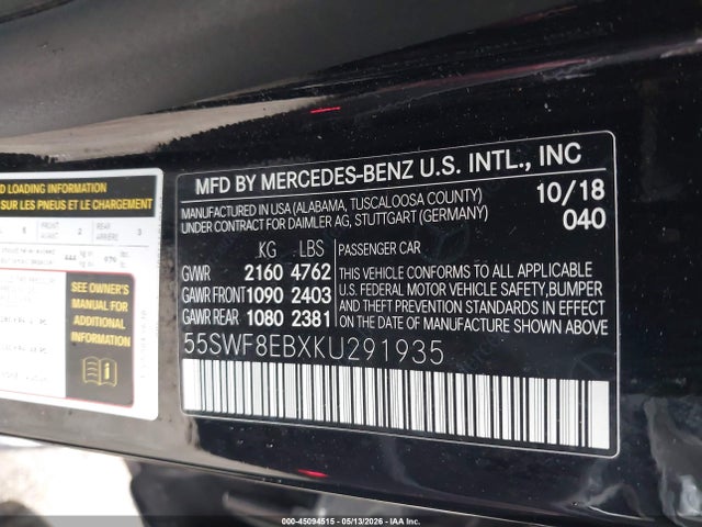 45094515 :رقم المزاد ، 55SWF8EBXKU291935 vin ، 2019 Mercedes-benz C 300 4matic مزاد بيع