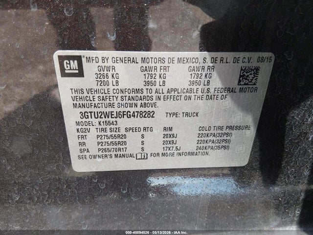 Aukcja sprzedaży 2015 Gmc Sierra 1500 Denali, vin: 3GTU2WEJ6FG478282, numer aukcji: 45094526