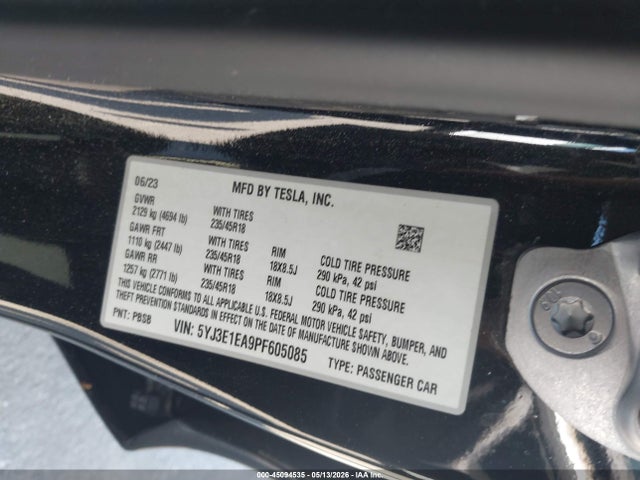 Продажа на аукционе авто 2023 Tesla Model 3 Rear-wheel Drive, vin: 5YJ3E1EA9PF605085, номер лота: 45094535