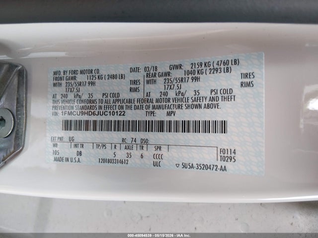 Продаж на аукціоні авто 2018 Ford Escape Sel, vin: 1FMCU9HD6JUC10122, номер лоту: 45094539