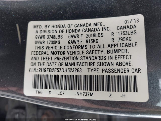 2013 Honda Civic Lx მანქანა იყიდება აუქციონზე, vin: 2HGFB2F57DH523263, აუქციონის ნომერი: 45094549