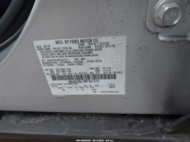 45094555 :رقم المزاد ، MAJ6S3GL3NC461212 vin ، 2022 Ford Ecosport Se مزاد بيع