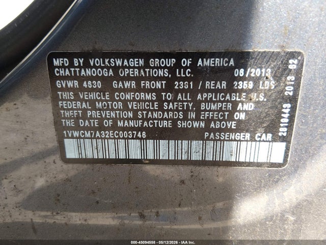 45094558 :رقم المزاد ، 1VWCM7A32EC003746 vin ، 2014 Volkswagen Passat 3.6l V6 Sel Premium مزاد بيع