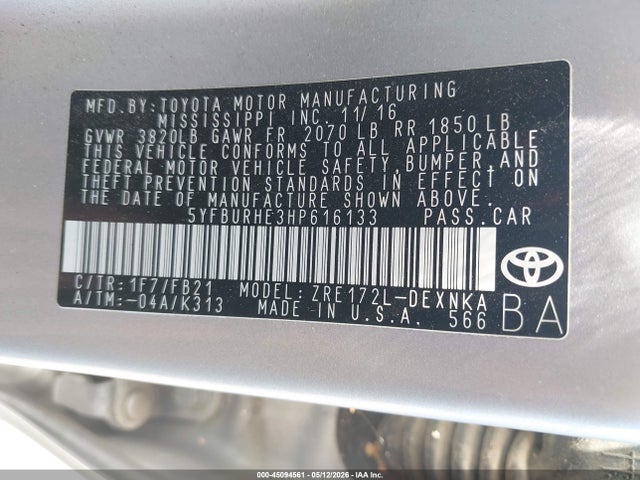 Aukcja sprzedaży 2017 Toyota Corolla Le, vin: 5YFBURHE3HP616133, numer aukcji: 45094561