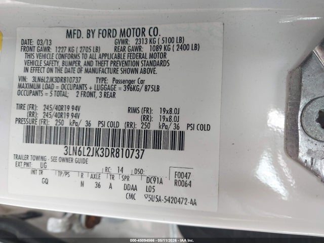 45094566 :رقم المزاد ، 3LN6L2JK3DR810737 vin ، 2013 Lincoln Mkz مزاد بيع